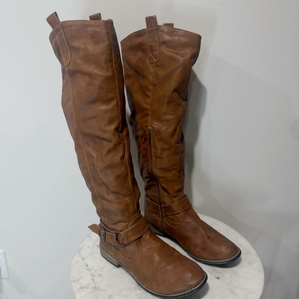 Bamboo Women Parksville Buckled Riding Boots Tan Faux Leather New!